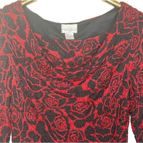 Vintage Paradise NY Size Medium Silk Beaded Formal Top Drape Neck Red Roses - Picture 4 of 10